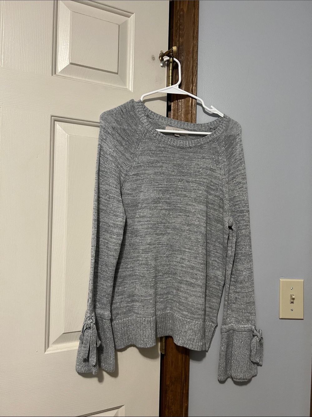 LOFT Light Gray Crewneck Sweater with Tie Cuff Detail